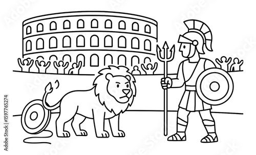 Ancient arena scene with roman gladiator and lion in line art style