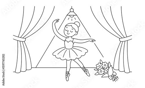 Charming ballet dancer on stage with spotlight in simple line art