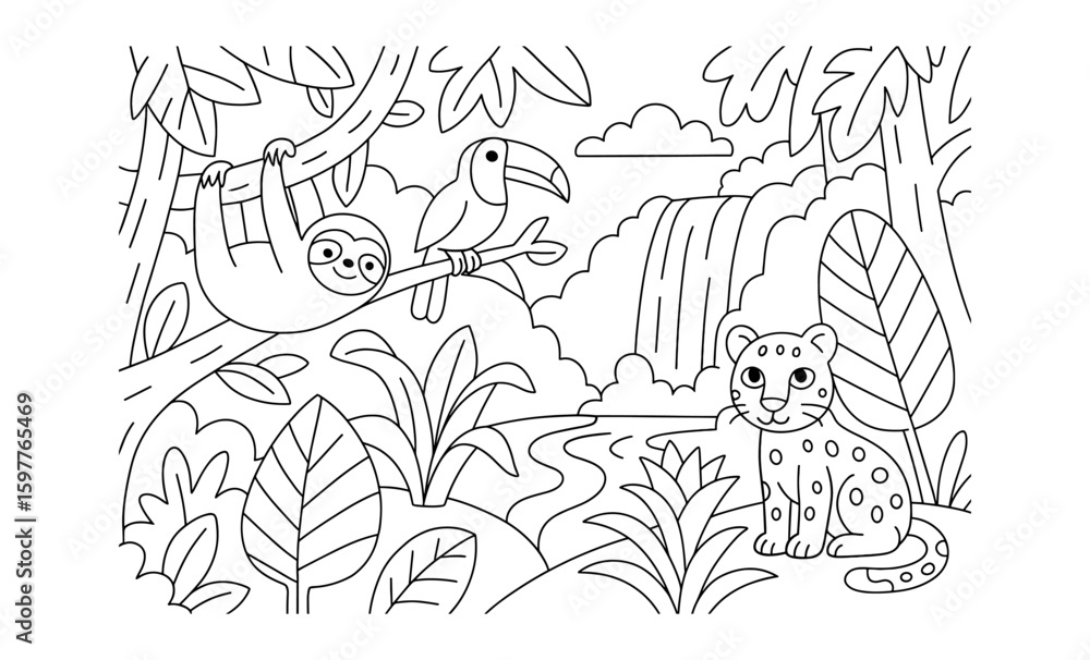 Fototapeta premium Jungle scene coloring page: sloth, toucan, and jaguar in tropical habitat