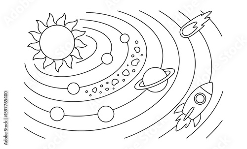 Celestial coloring page with sun, planets, and rocket for kids' learning fun