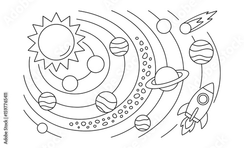 Planetary orbit with sun, planets, and rocket in linear style