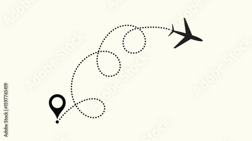 air plane flight route with start point and dash line trace. Various aircraft and destination location pins icons. Aircraft tracking, planes, travel, map