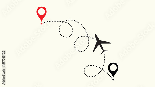 air plane flight route with start point and dash line trace. Various aircraft and destination location pins icons. Aircraft tracking, planes, travel, map