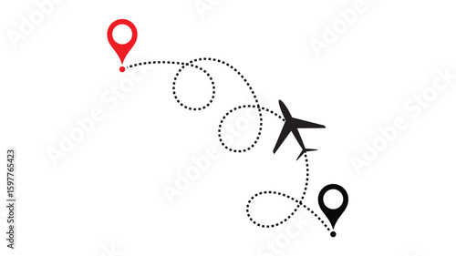 air plane flight route with start point and dash line trace. Various aircraft and destination location pins icons. Aircraft tracking, planes, travel, map