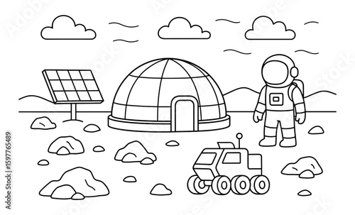 Lunar exploration scene with astronaut and rover in linear art style
