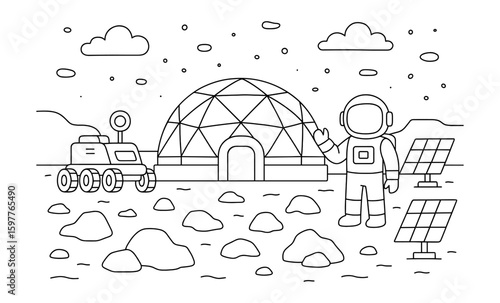 Futuristic space colony with astronaut and rover in outer space