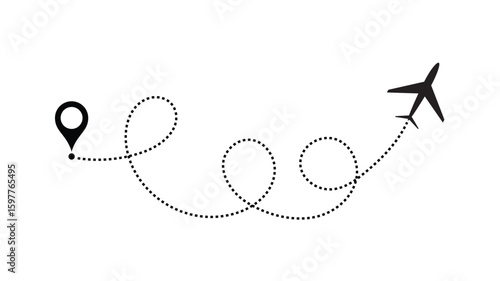 air plane flight route with start point and dash line trace. Various aircraft and destination location pins icons. Aircraft tracking, planes, travel, map