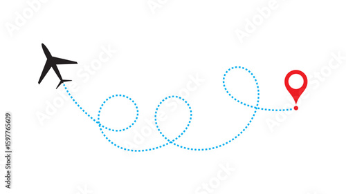 air plane flight route with start point and dash line trace. Various aircraft and destination location pins icons. Aircraft tracking, planes, travel, map