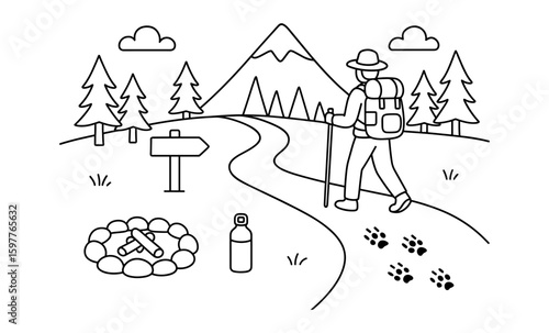 Line art of explorer hiking in nature: adventure in mountainous landscape