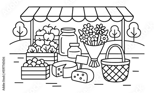 Local market outline with fresh produce and picnic items in a linear style
