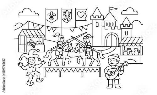 Medieval festival scene with jousting knights and festive activities in a castle setting