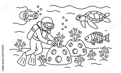 Aquatic conservation: diver restores coral reef with marine life in line art
