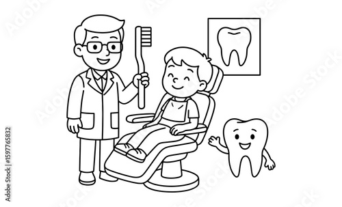 Dental visit coloring page with child dentist and tooth character in cartoon style