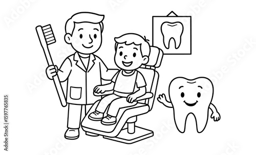 Friendly dental checkup coloring page for kids with dentist and happy tooth
