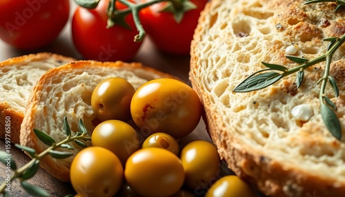 Rustic Italian bread, olives, and ripe tomatoes close-up,  simple food,  still life