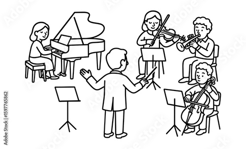 Orchestra rehearsal with pianist, violinist, trumpeter, and cellist in linear style