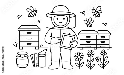 Charming beekeeper with hive in cartoon style surrounded by bees and flowers
