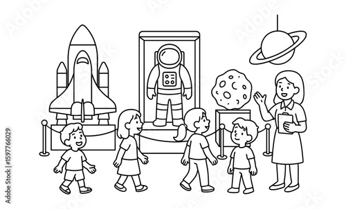 Children exploring space exhibit with spaceship, astronaut suit, and planet display in outline style