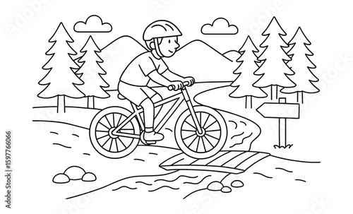 Kid cycling in nature scene with forest and mountains in black and white outline