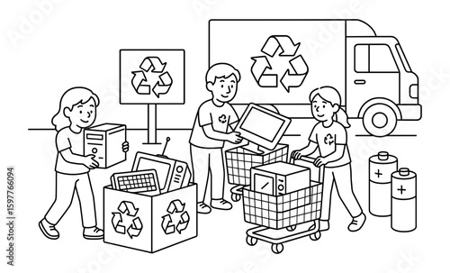 Black and white recycling initiative: people collecting e-waste for sustainability