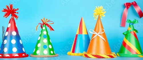 Set of vibrant cone party hats; red, blue, green, yellow with polka dots, stripes, & ribbons,  holiday,  festive