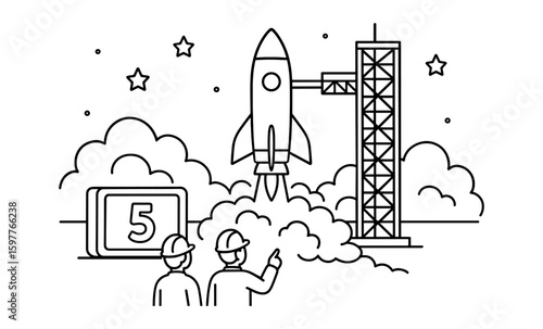Linear rocket launch countdown with engineers in space theme