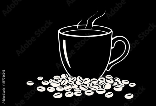 Single line drawing of coffee cup and scattered beans; elegant, simple design,  line drawing coffee, coffee