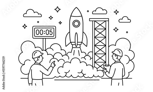 Rocket launch countdown in linear style with engineers and starry night sky