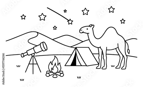 Camel and telescope under starry night sky in desert line art