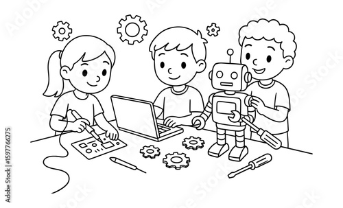 Children engaged in robotics and stem activities with laptops and tools