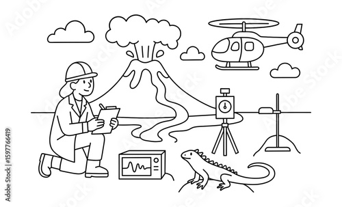Outline of volcanologist conducting research with helicopter and equipment
