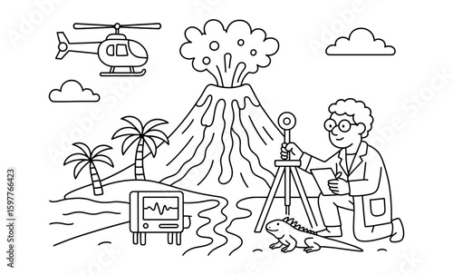 Geologist studying volcano landscape with equipment and helicopter in linear style