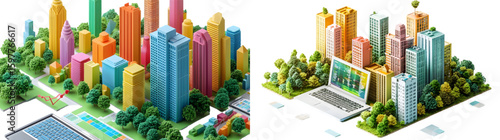 A colorful 3D model of buildings, trees, and a laptop displaying graphs, representing a modern urban landscape or city planning