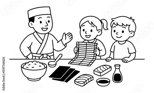 Children learning sushi preparation with chef in black and white cartoon style