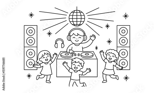 Kids dancing and dj party line art with disco ball and speakers