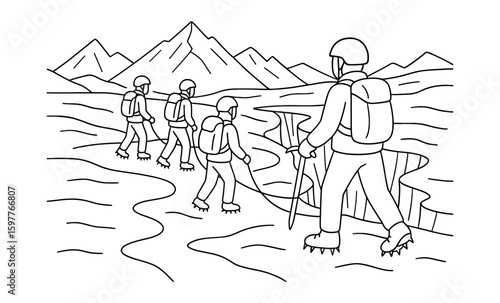 Adventurous ice climbing journey with mountain views in dynamic linear art
