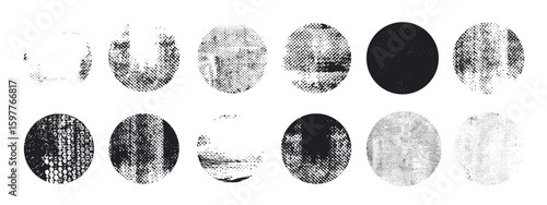 Circle with rough grunge texture. Black round shape. Frame for design. Texture overlay. Dirty round background. Stamp, sticker vector.