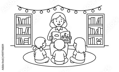 Kids listening to a storytime session in line art style library