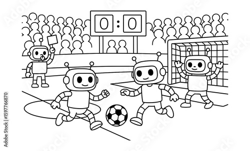 Cartoon robots playing soccer in a stadium