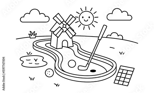Whimsical mini golf course with windmill and happy sun in black and white outline