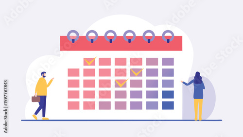 People standing near a calendar with marked dates and a red top in a light purple background