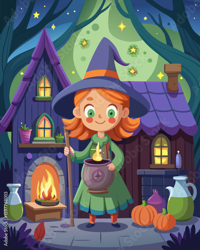 Cute Halloween Witch Brewing Magic Potion in Cozy Cottage – Cartoon Illustration