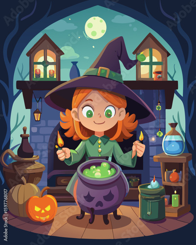 Cute Halloween Witch Brewing Magic Potion in Cozy Cottage – Cartoon Illustration