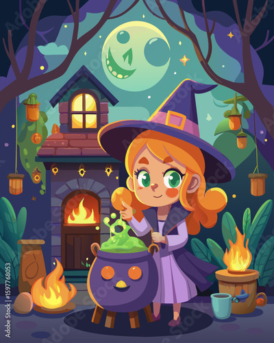 Cute Halloween Witch Brewing Magic Potion in Cozy Cottage – Cartoon Illustration