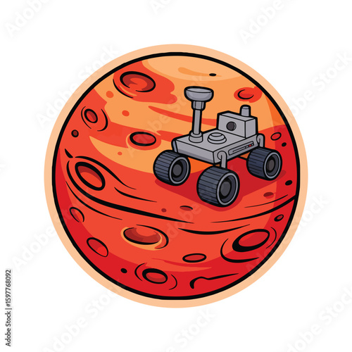 Cartoon mars rover exploring the red planet s surface with craters and rocky terrain in a circular illustration