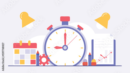 Illustration of a clock with calendar, chart and gear, representing time management and planning