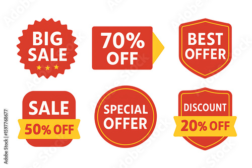 Eye-catching promotional sale badges featuring big sale, 70 percent off, best offer, 50 percent off, special offer, and discount labels for marketing campaigns