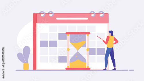 Illustration of a calendar with an hourglass and a person planning for the future events ahead
