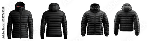 A mockup template of a black down jacket with a zipper, shown in both front and back views,  on a , suitable for winter sport jacket design