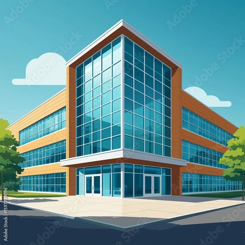 Modern glass building with orange accents and green trees